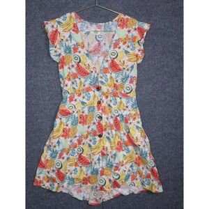 Marine Layer  Romper Women Multi Fruit Print Camila Hemp 2" Button Up V Neck EUC